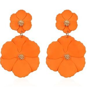 Big Orange Double Flower Earrings Statement Blossoms Poppy Flowers Poppies Post